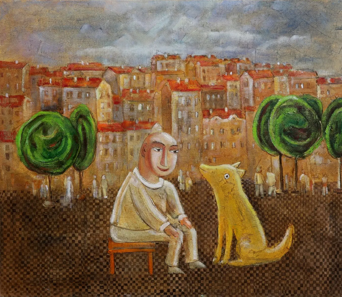 Best Friend, oil on burlap painting by Roman Zuzuk