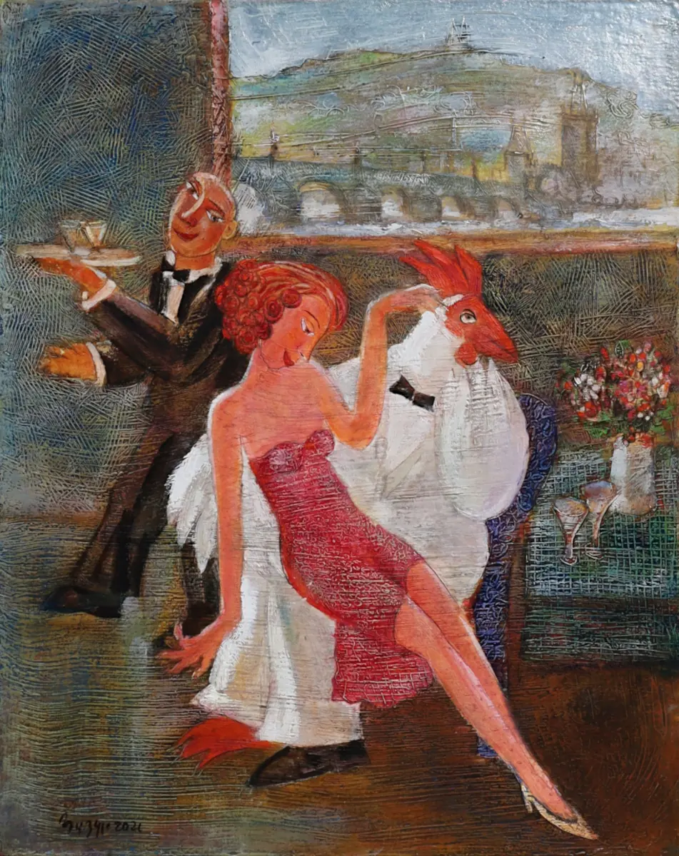 Cafe Prague, oil on canvas painting by Roman Zuzuk