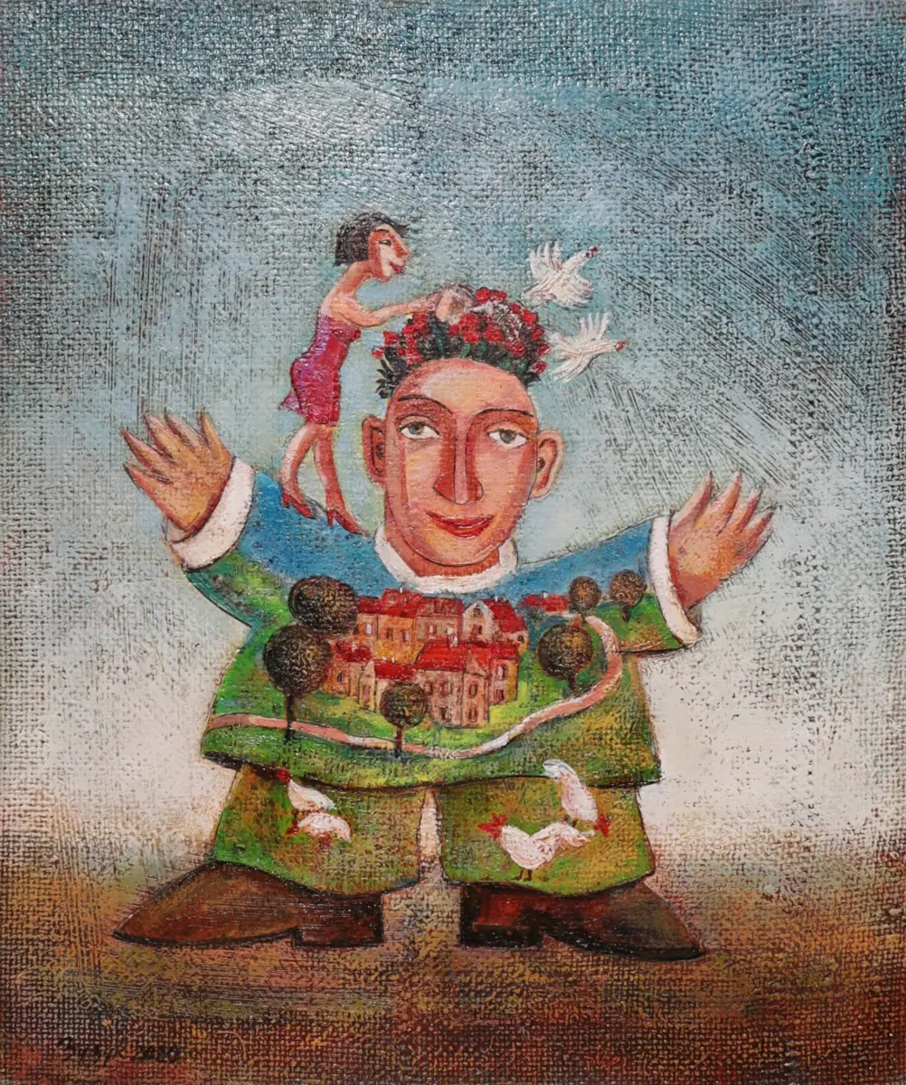 Gardening, oil on burlap painting by Roman Zuzuk